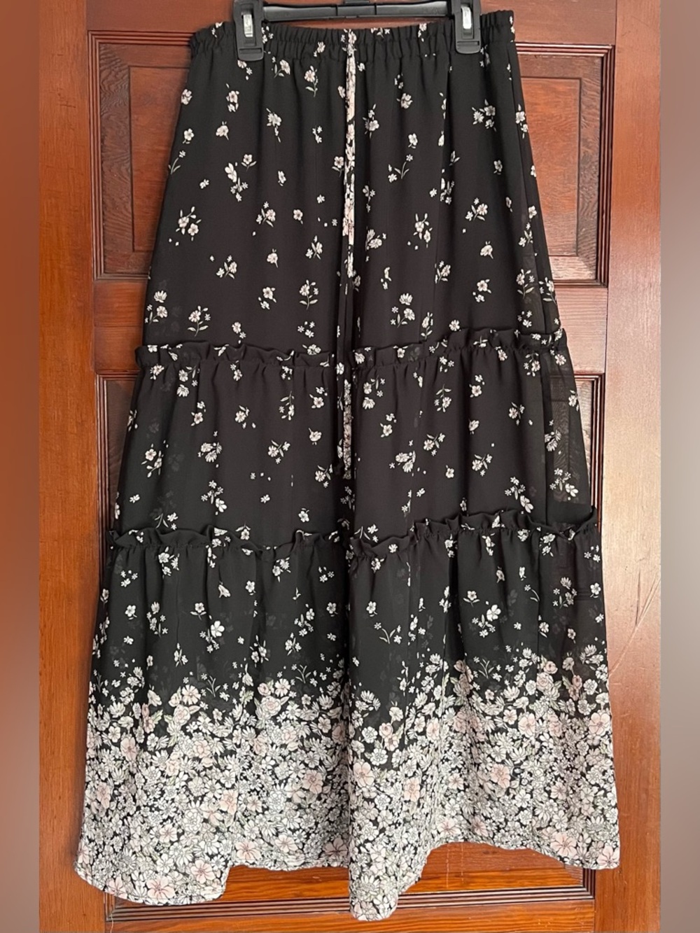 Sienna Sky Black Maxi Skirt with White and Soft Pink Floral Border